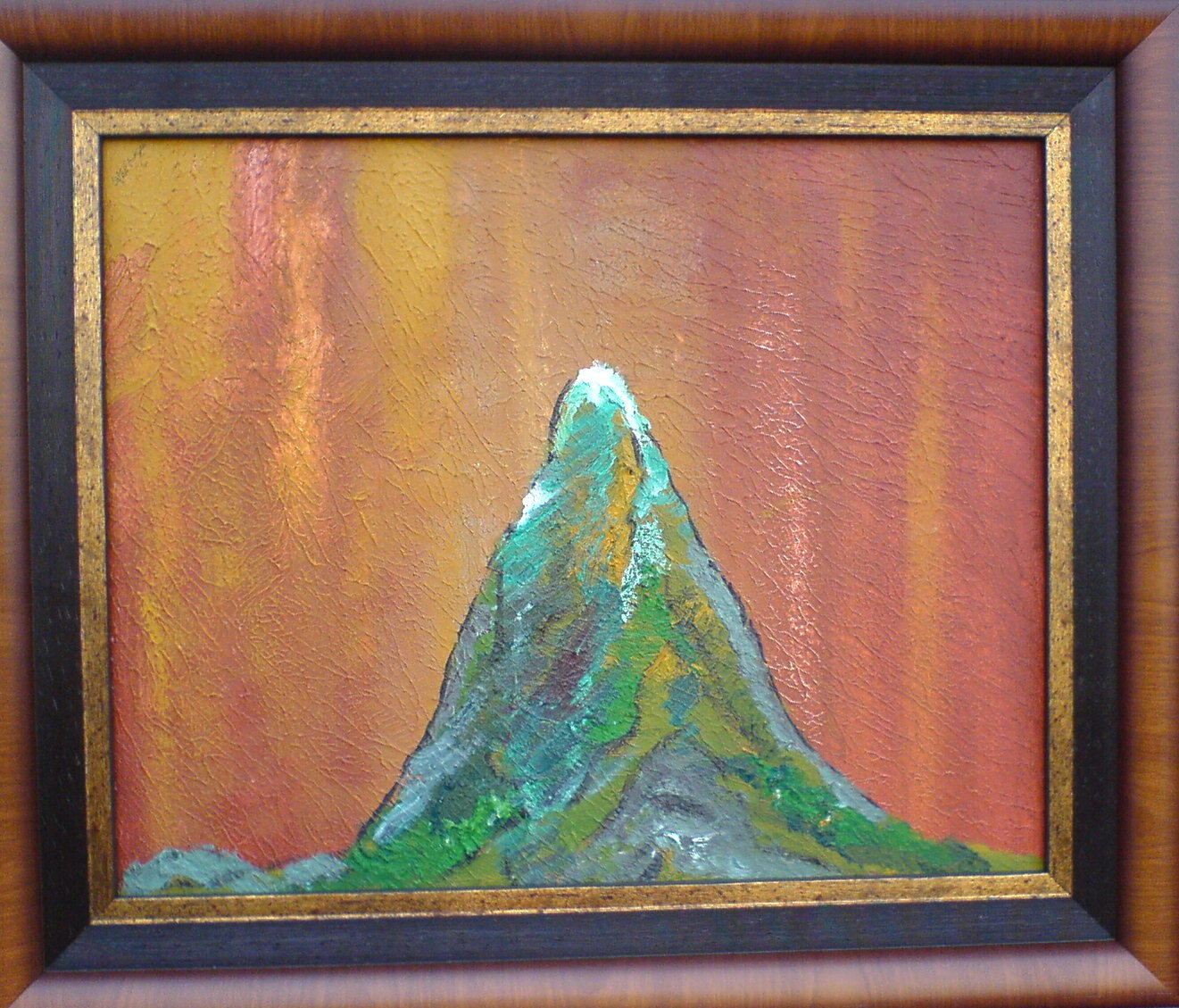 Textured painting of a mountain against a warm sky